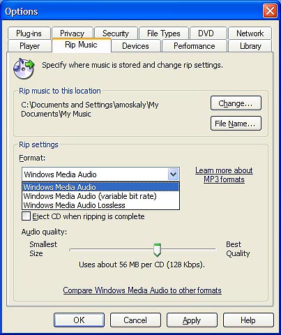 Windows Media Player 10 beta - Options